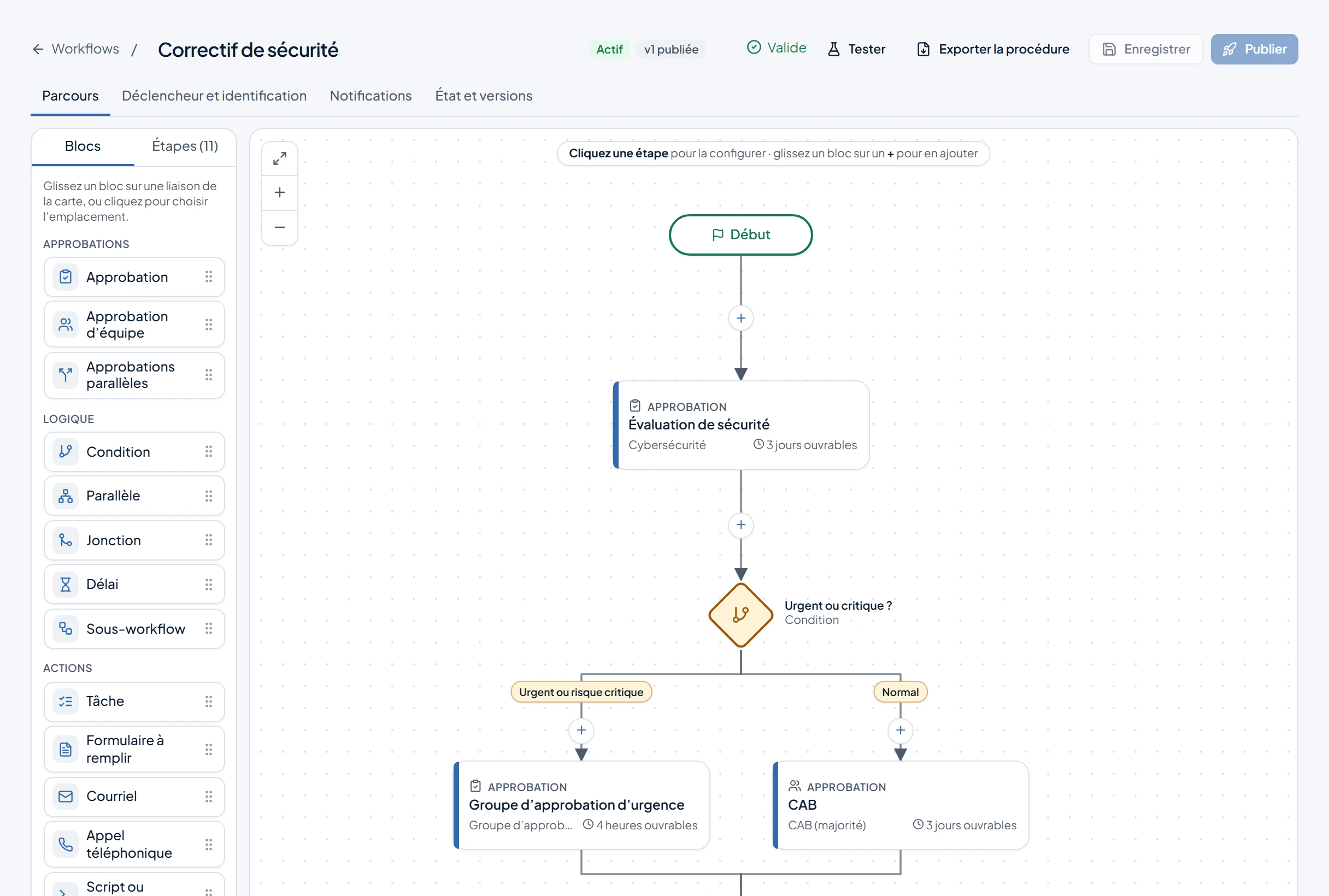 Éditeur visuel de workflow Praximo avec la palette de blocs et le parcours « Correctif de sécurité ».